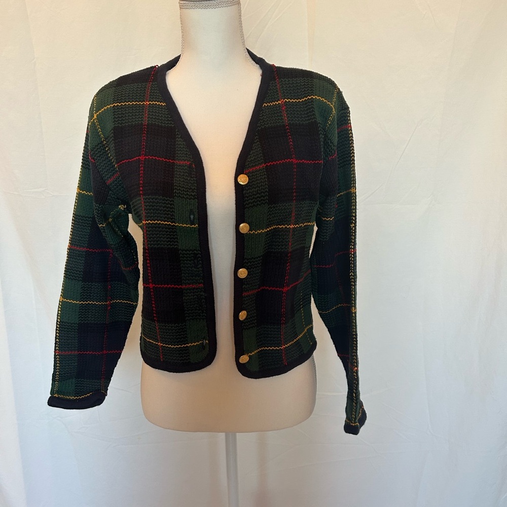 Vintage Coquette Office Siren  Liz Sport‎ Claiborne Plaid Cardigan - Sz S